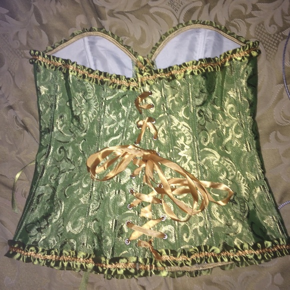 Ladies sexy cotton corset, brocade green, satin ribbons, with boning siz… - Picture 5 of 8
